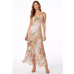 Cartise One Shoulder Floral Chiffon High Low Maxi Dress Size 6 Made in Canada